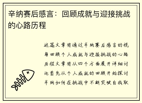 辛纳赛后感言：回顾成就与迎接挑战的心路历程